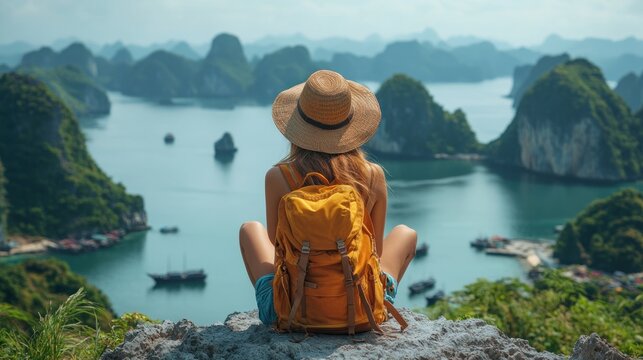 Woman enjoying breathtaking view of Ha Long Bay