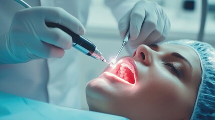 patient lies back as a dental professional uses a laser tool for an oral procedure