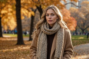 Young woman with confidence in a warm coat and scarf posing in a colorful autumn park