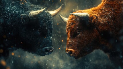 Bull and Bear Market Clash in a Futuristic Financial Setting: An Insightful Image for Stock Market Concepts