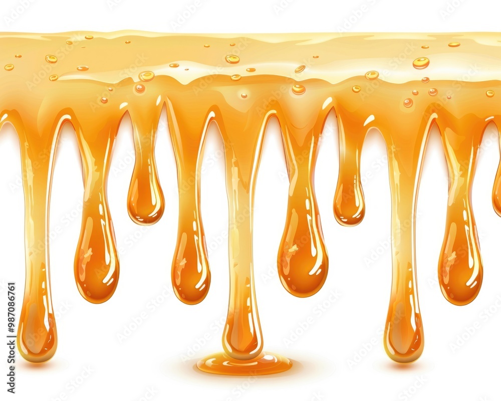 Wall mural honey white background. dripping honey with wooden dipper on isolated white backdrop