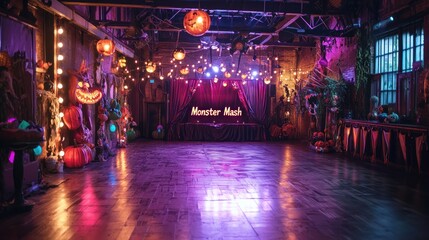 A Halloween-themed event with a "Monster Mash" dance floor and monster decorations