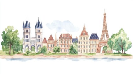 Obraz premium A colorful watercolor illustration of famous Parisian landmarks, showcasing a beautiful blend of architecture and nature.
