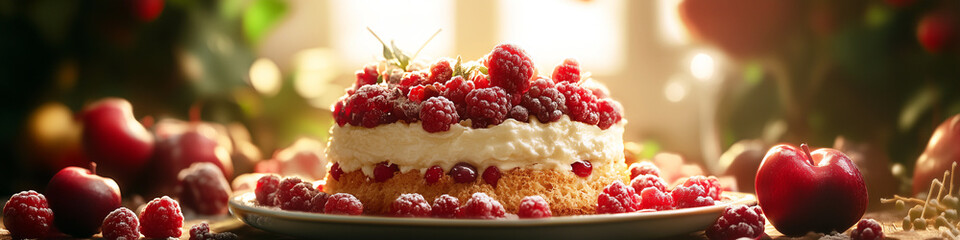 A cake with a lot of raspberries on top of it. Wide format image, website header.