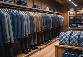 In a clothing store, a mannequin is displayed wearing a blue suit and tie