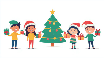 Fototapeta premium Children of different races, wearing Christmas hats and holding gifts around the green Christmas tree, flat design illustration, white background, minimalism, simple lines, cute style. Children around