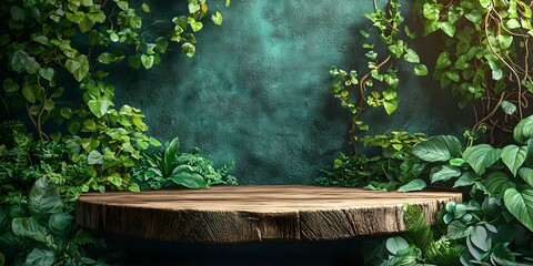 A serene, natural setting featuring a wooden table surrounded by lush greenery and textured blue-green background, perfect for showcasing products or nature themes.