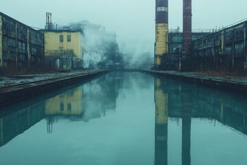 Fototapeta premium Industrial Canal with Fog and Reflections