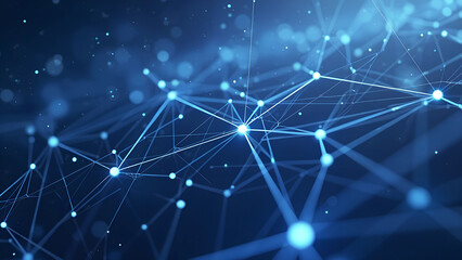 Abstract illustration featuring plexus blue geometrical shapes, representing connection and web concept, with digital communication and technology network background comprising moving lines and dots