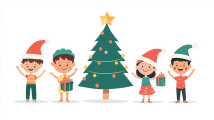 Fototapeta premium Children of different races, wearing Christmas hats and holding gifts around the green Christmas tree, flat design illustration, white background, minimalism, simple lines, cute style. Children around