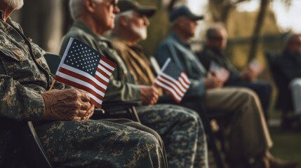 Elderly veterans seated with American flags, reflecting patriotism and unity. Observing Memorial Day.