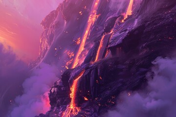 A lava flow is seen coming out of a volcano