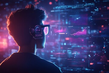 A person wearing glasses with digital interface overlayed on their face, looking at data and graphs on a screen in a futuristic setting.