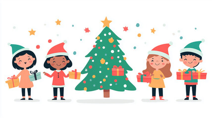 Children of different races, wearing Christmas hats and holding gifts around the green Christmas tree, flat design illustration, white background, minimalism, simple lines, cute style. Children around