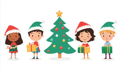 Fototapeta premium Children of different races, wearing Christmas hats and holding gifts around the green Christmas tree, flat design illustration, white background, minimalism, simple lines, cute style. Children around