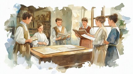 A historical gathering of scholars discussing significant texts, showcasing the importance of education and collaboration.