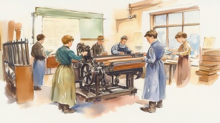 A historical scene featuring workers operating a vintage printing press in a workshop setting, showcasing craftsmanship and teamwork.