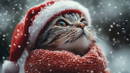 Christmas cat in santa claus hat under the snowfall.	