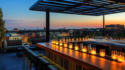 Fototapeta premium Rooftop bar at sunset with glowing candles illuminating the wooden counter, overlooking a city skyline filled with buildings