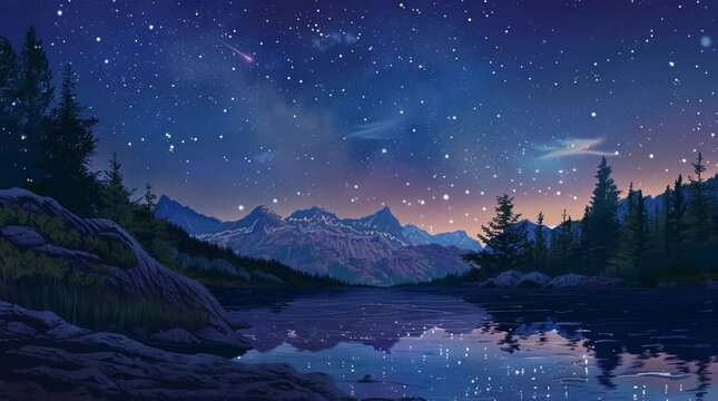 Serene lake surrounded by mountains under a clear starry sky in a tranquil night setting
 Seamless looping 4k time-lapse virtual video animation Generated AI