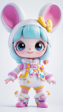Adorable IP character design, 3D rendering, colorful clothing, standing on a clean white background, showing a playful and cute beauty.
