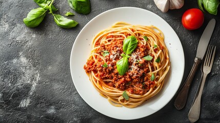 Spaghetti Bolognese served in a white plate against a grey background. This classic Italian dish features pasta topped with rich Bolognese sauce, highlighting its traditional appeal.