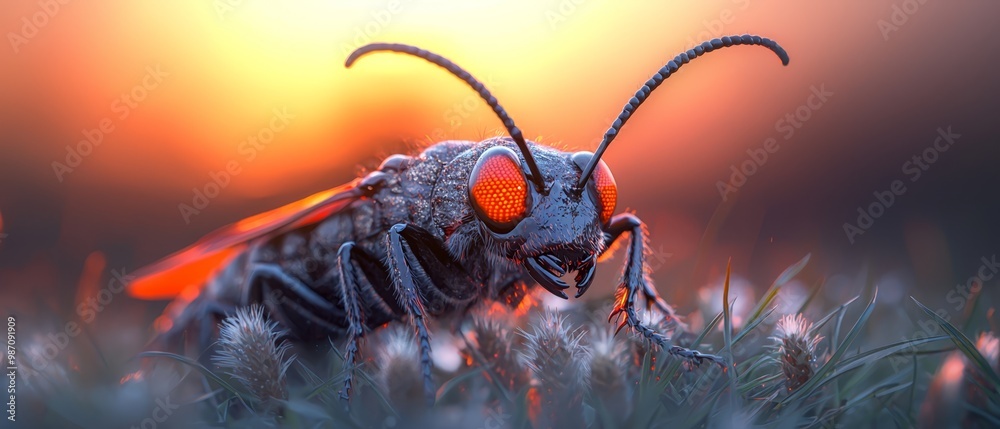 Poster  A detailed shot of a bug on grass, sun casting long shadows behind Background softly blurred