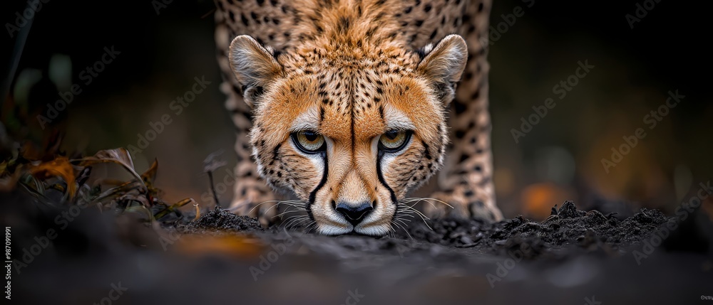 Sticker  A tight shot of a cheetah's focused face, striding through the grass, approaches another cheetah