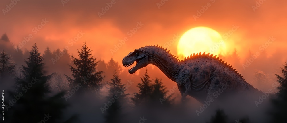 Canvas Prints  A colossal dinosaur silhouetted against a setting sun in a forest, enshrouded by fog