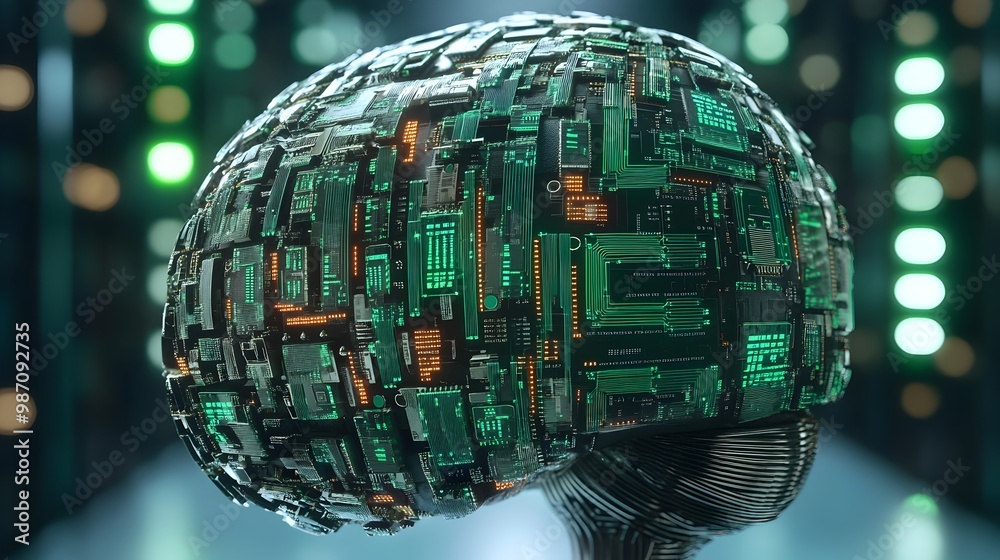 Poster robotic brain made of circuit boards calculating complex market patterns showcasing the power of alg