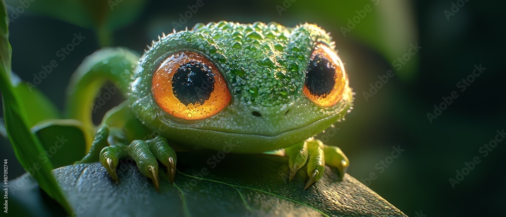 Canvas Prints  A tight shot of a frog's expressionive face, its eyes bright and orange, a nearby green leaf in sharp focus in the foreground