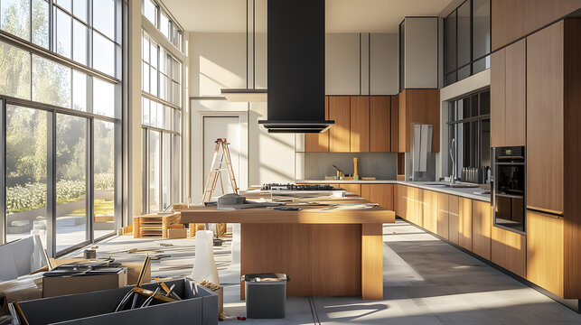large modern kitchen construction renovation wooden cabinets countertops natural light ongoing work construct renovate demolish demolition luxury house home progress dining interior design