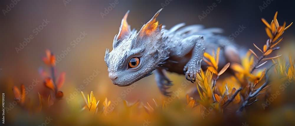 Canvas Prints  A tight shot of a small toy lizard amidst a sea of grass and flowers The foreground is adorned with vibrant orange and yellow blooms