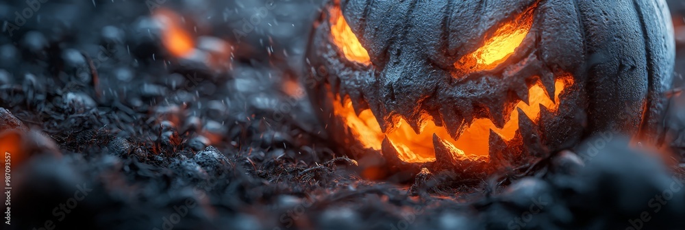 Sticker  A tight shot of a jack-o-lantern pumpkin, its glow-in-the-dark eyes gleaming, situated amidst a field of blackened grass