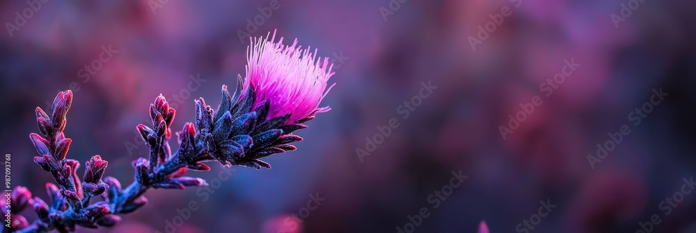 Sticker  A tight shot of a purple bloom on a plant with a blurred background behind it