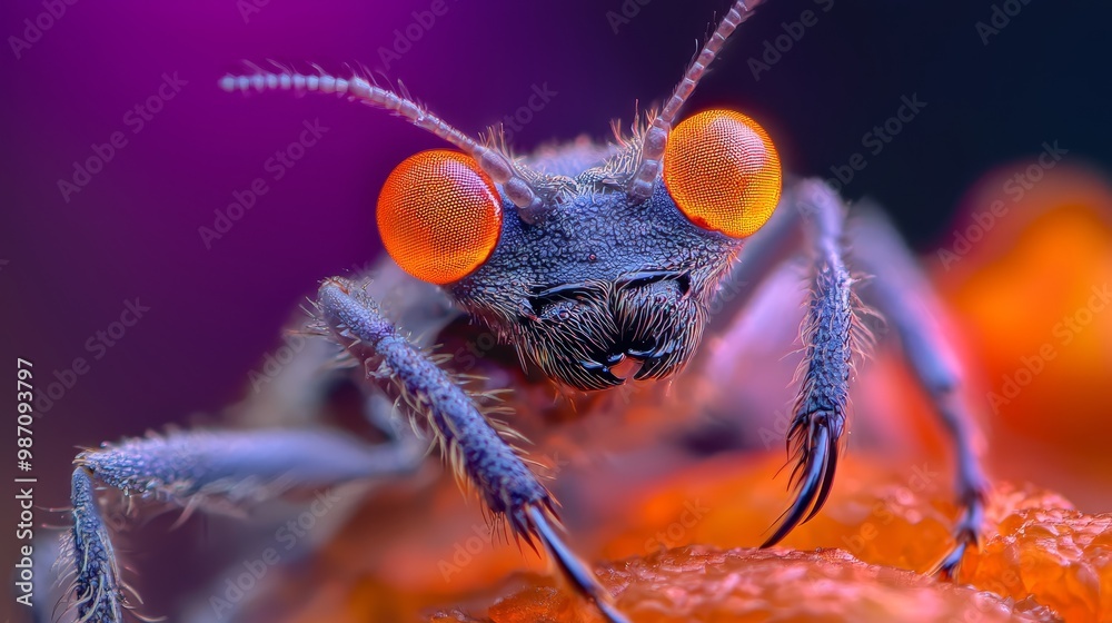 Sticker  A tight shot of a bug's detailed features atop orange broccoli, surrounded by a soft, out-of-focus background