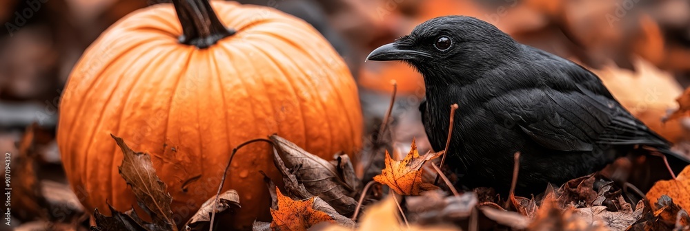 Canvas Prints  A black bird atop a leaf pile, beside a pumpkin – two perch