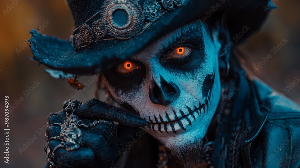 Poster  A skeleton, dressed in a black hat, holds a cigarette in one hand and a skull in the other, its eyes glowing red