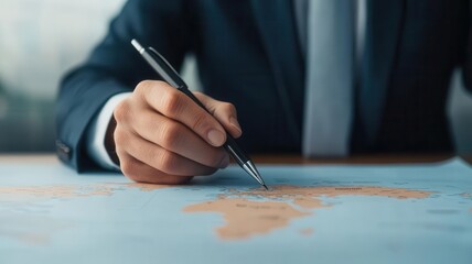 Professional analyzing a global market map with highlighted regions, indicating target demographics, market research, global marketing analysis