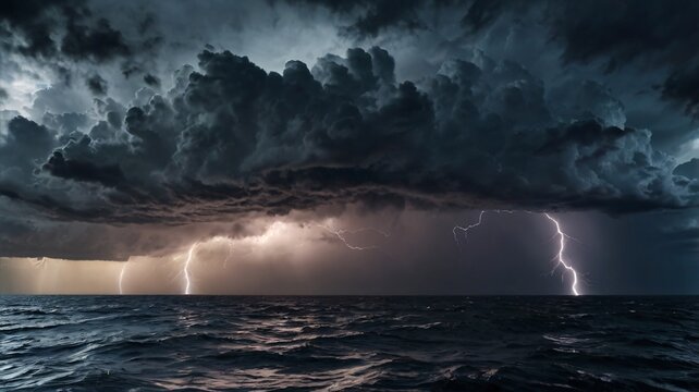 A powerful storm rolling in over the ocean, with dark clouds forming above and lightning striking the water&rsquo;s surface, creating a dramatic and intense seascape 