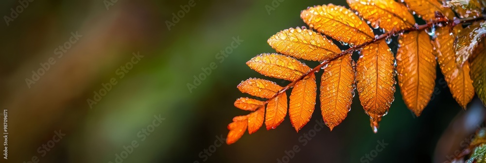 Poster  A tight shot of a yellow leaf, adorned with water droplets, against a softly blurred backdrop of green foliage