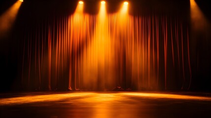 **Description:** A theatrical stage lit with warm orange lights, showcasing curtains and suggesting an upcoming performance or show.