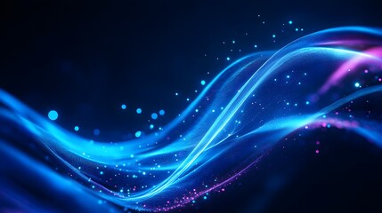 Fototapeta premium The image features vibrant, flowing waves of blue and pink light on a dark background, creating a dynamic, abstract visual effect.