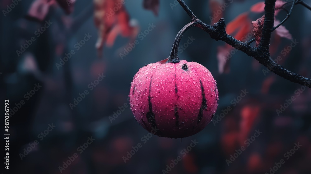 Canvas Prints  A pink ball suspends from a tree branch, adorned with water droplets on its smooth surface In the backdrop, leaves rustle gently