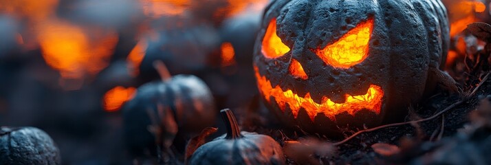  A collection of jack-o-lanterns atop a verdant grass field, illuminated by orange lights