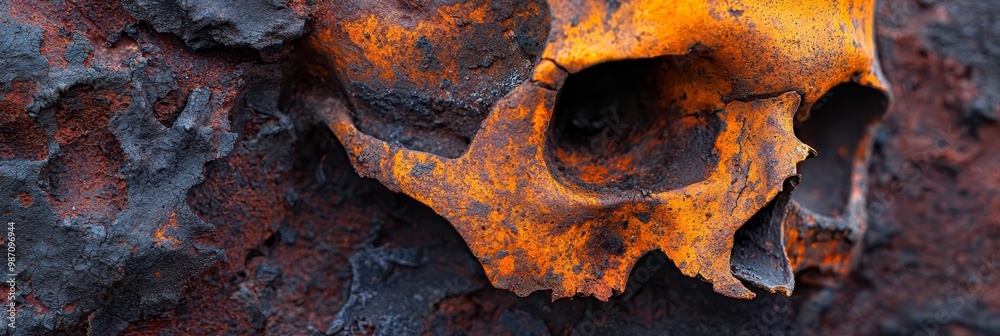 Poster  A tight shot of a weathered orange-and-black metal disk, displaying a central circular hole