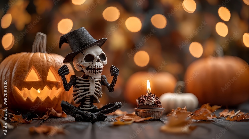 Poster  A skeleton in a top hat sits next to a cupcake with a lit candle