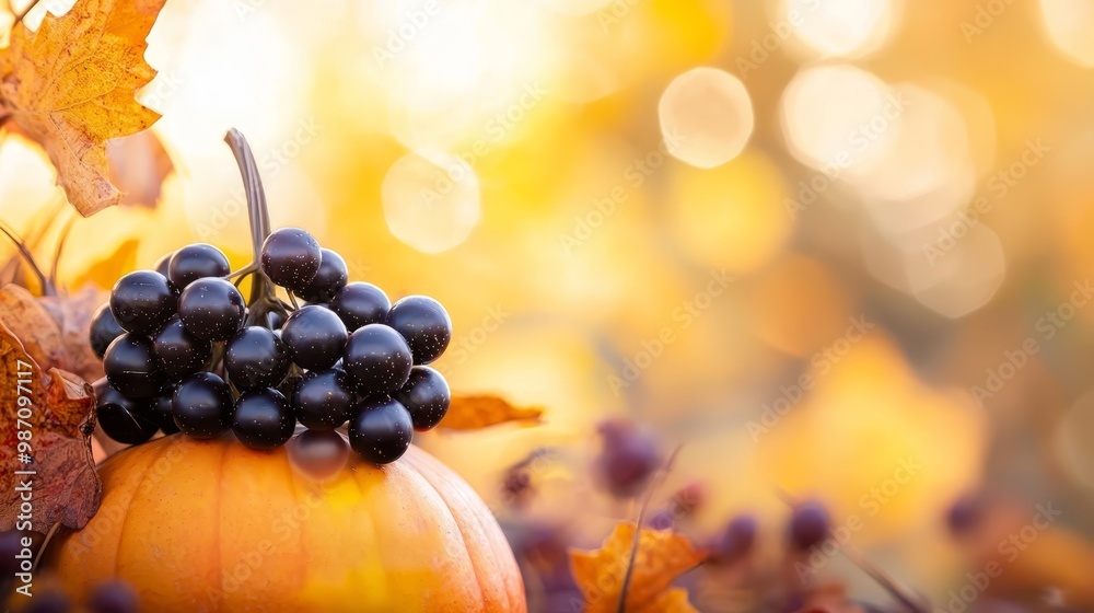 Poster  A pile of leaves lies next to a tree with numerous grapes atop a pumpkin