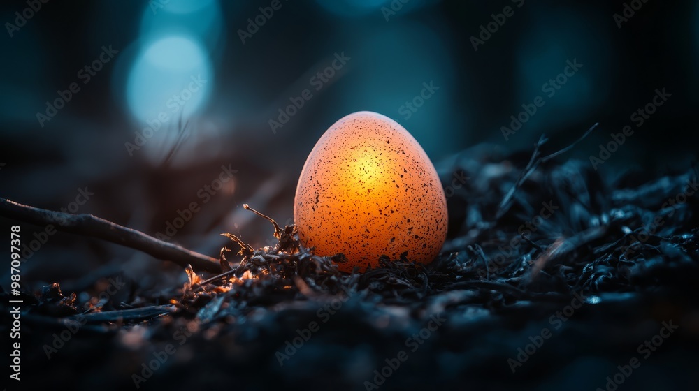 Poster  A tight shot of an orange egg on a verdant bed of grass Surrounding background softly blurred with trees and overlapping branches