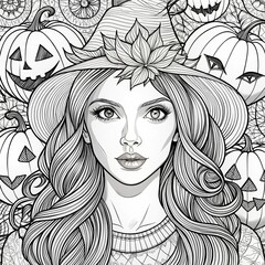 Halloween Beauties Coloring page Grayscale Halloween Women Coloring Pages for Adults